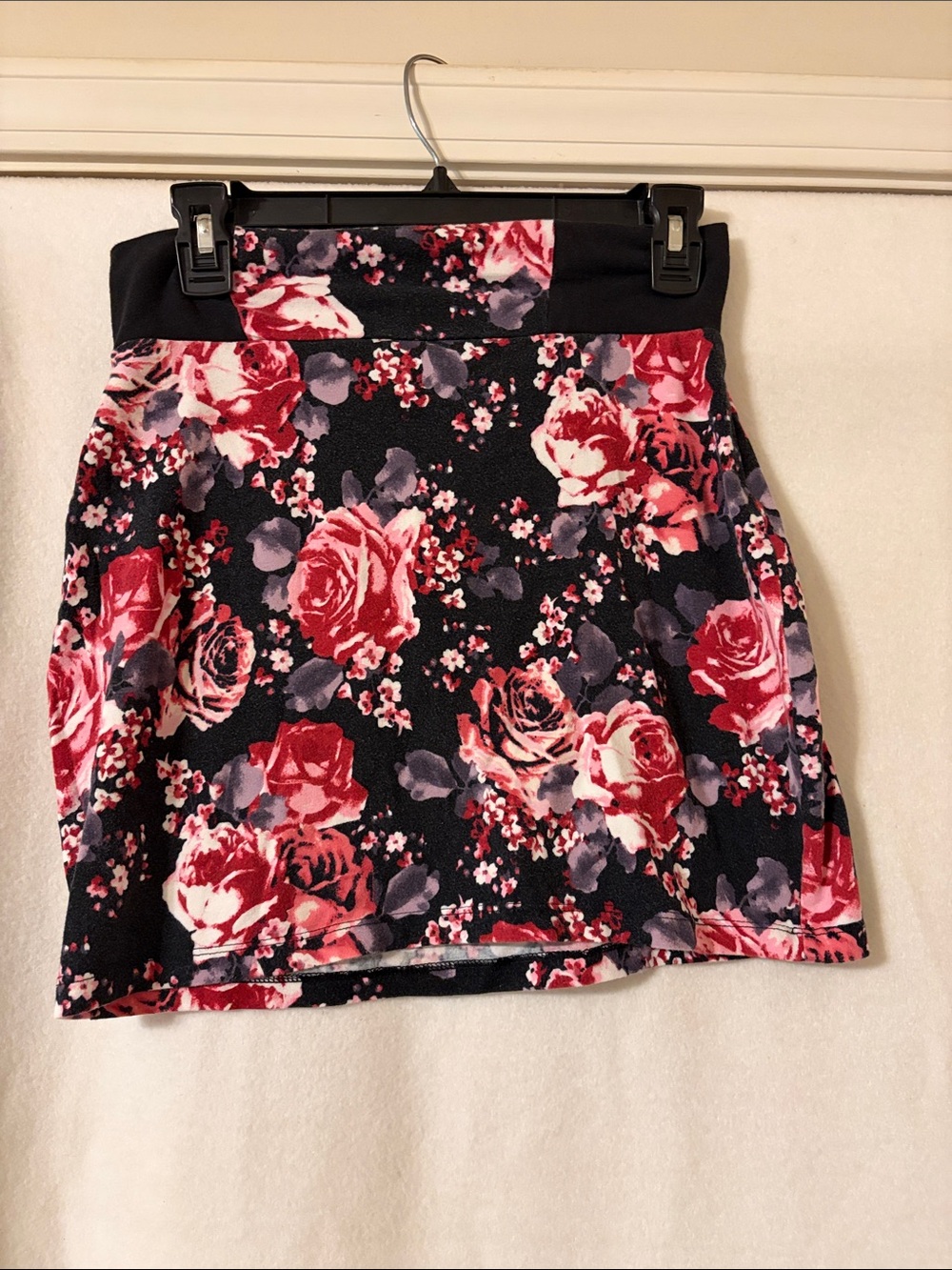 No Boundaries Black Mini Skirt with Pink and Red Rose Print